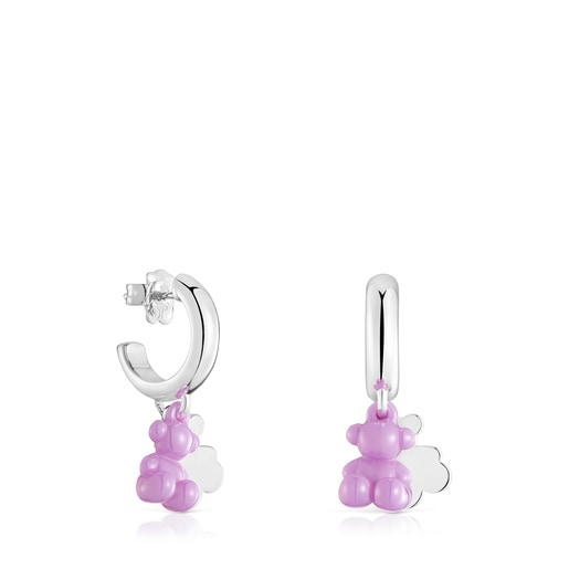 Aretes aro de plata con cerámica lila y doble oso Bold Bear