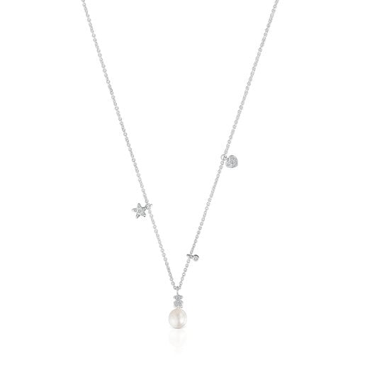 Krátky Náhrdelník z bieleho zlata s diamantmi, kultivovanou perlou a motívmi TOUS Grain