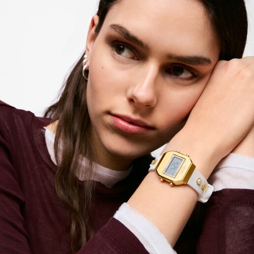 Digital Watch with white strap, gold-colored steel, and gemstones TOUS XPRESURSLF.