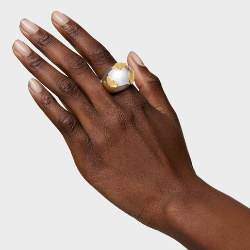 Wide two-tone dome Ring with motifs Warm