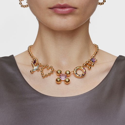 Short 18 kt gold-plated silver Necklace with motifs and gemstones Sugar Party