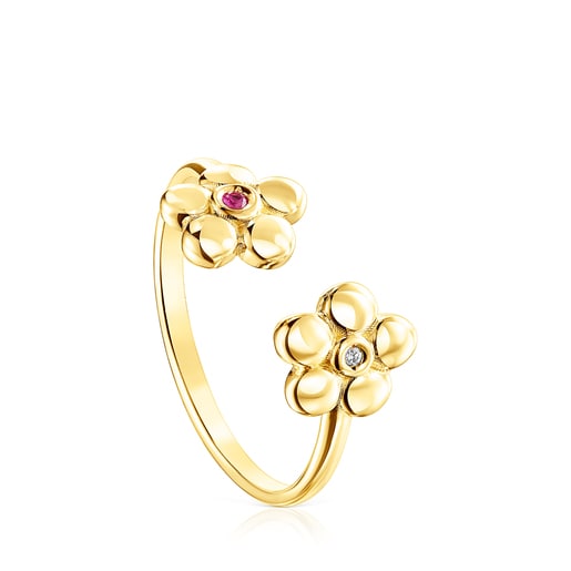 Gold Fragile Nature open Ring with Diamonds and Ruby