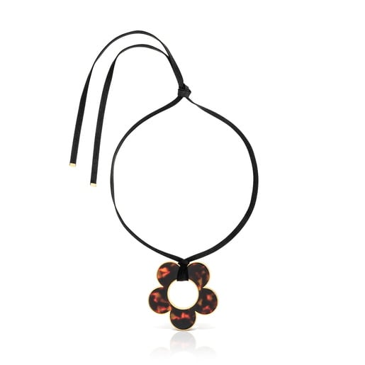 40 mm gold-colored steel, white resin and black cord flower Necklace TOUS Galaxy