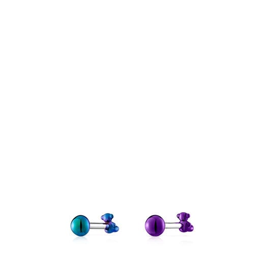 Pack of Bold Bear Ear piercings in lilac- and green-colored IP steel