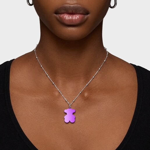 Pack gargantilla de plata y colgante oso de acero en color lila 22 mm Sweet Dolls