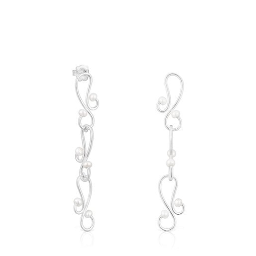 Long Tsuri Earrings with silver motifs and cultured pearls | TOUS