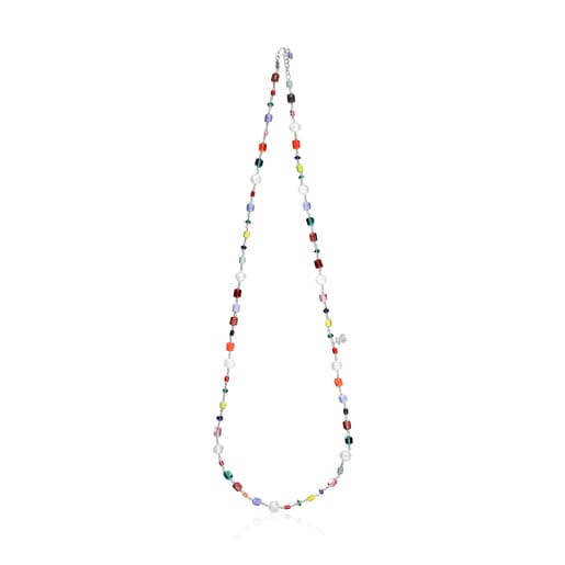 Long silver Oceaan Necklace with multicolored glass and pearls
