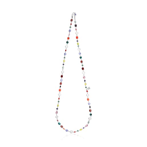 Long silver Oceaan Necklace with multicolored glass and pearls | TOUS