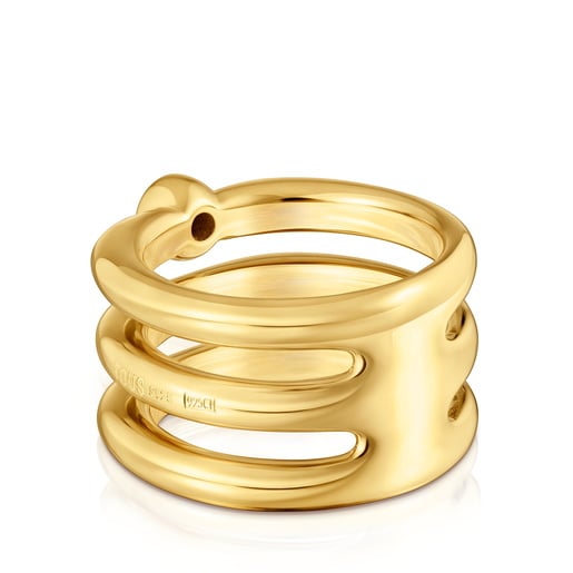 خاتم ثلاثي من الفضة المطلية بالذهب عيار 18 قيراطًا مرصع بالإسبنيل الأسود من تشكيلة TOUS Line