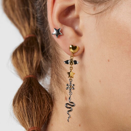 Pendientes corto/largo Fragile Nature de acero/IP dorado