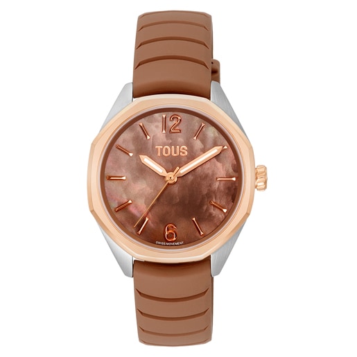 Reloj analógico con movimiento suizo, esfera de nácar y correa de caucho mocha TOUS Now Lady