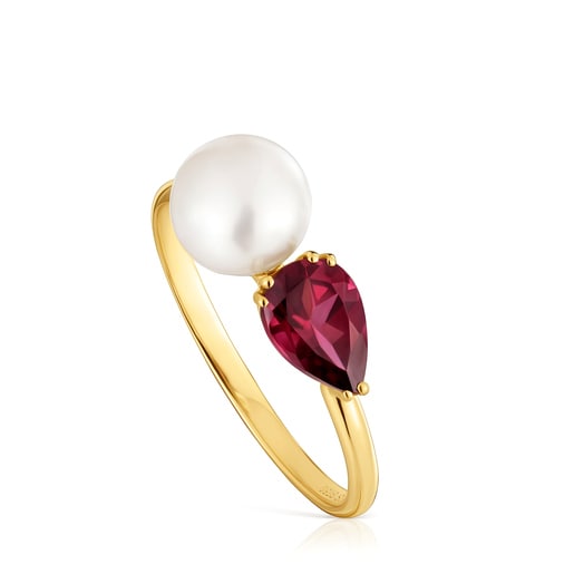 Gold Ring with rhodolite and cultured pearl Ivette