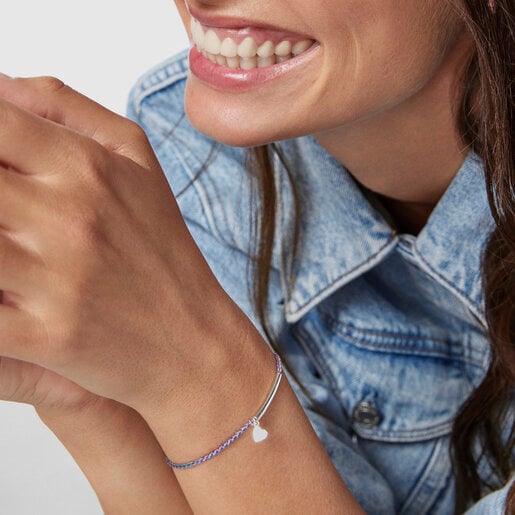 Silver TOUS Good Vibes heart Bracelet with blue Cord