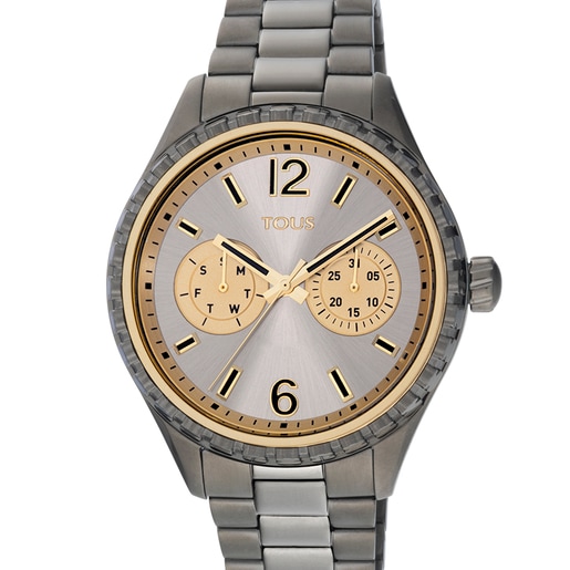 Reloj analógico multifunción con brazalete de acero IP gris y acero IP dorado T-Bear