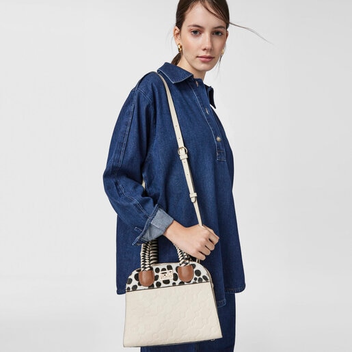 Bolso city pequeño de piel beige TOUS Script Premium