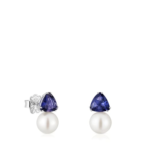 Boucles d’oreilles or blanc, iolite et perle de culture Ivette