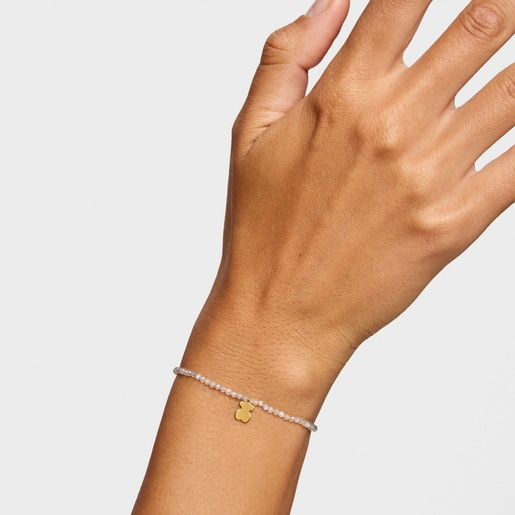 Pulsera elástica con labradorita gris y oso con baño de oro 18 kt sobre plata TOUS Motivos