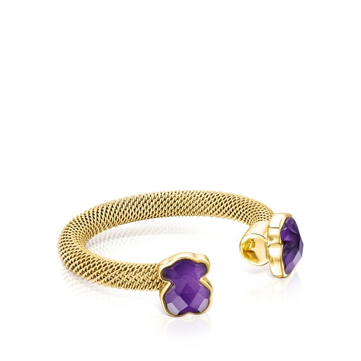 Gold-colored IP Steel Mesh Color open Ring with Amethyst
