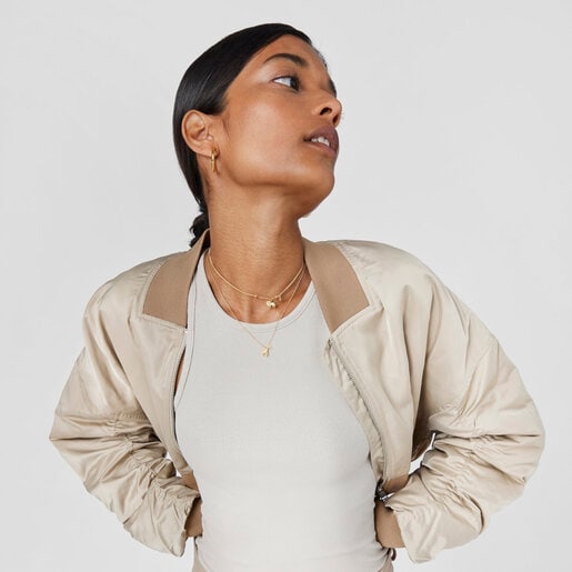 Collar Save león con baño de oro 18 kt sobre plata y Cordón beige