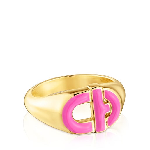 Signet ring with 18kt gold plating over silver and fuchsia-colored enamel TOUS  MANIFESTO | TOUS