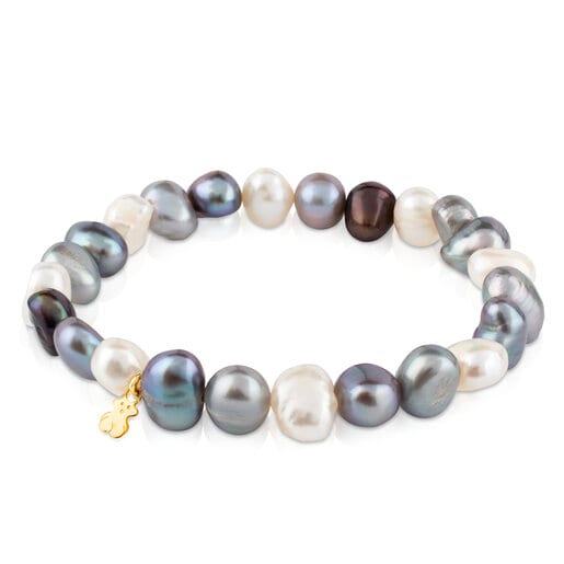 Gold Sweet Dolls Bracelet with white, grey and blue baroque pearls and Bear motif