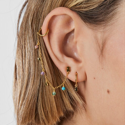 ピアス＋イヤーカフス（片耳）  Cool Joy  ３モチーフ  イエローゴールドコーティング　天然石