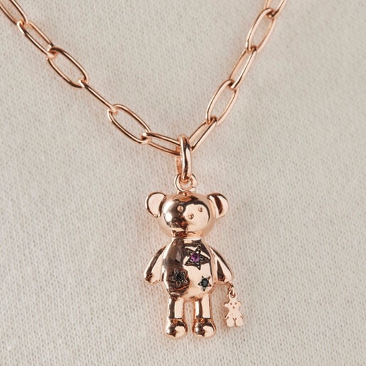 Rose Silver Vermeil Teddy Bear Stars Pendant with Gemstones