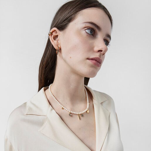 Collar Nocturne de Perlas, Plata con baño de oro 18 kt sobre plata y Diamantes