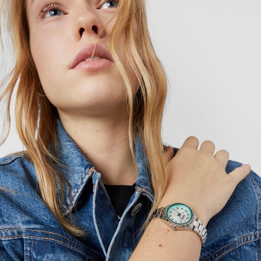 ساعة Mini T-Bear تناظرية بسوار يد من الصُلب وحافة ألومنيوم داخلية باللون الأخضر النعناعي