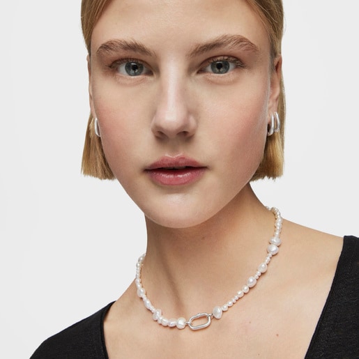 Choker with cultured pearls and silver ring Hold Oval