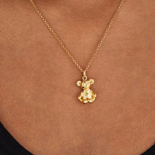 Silver vermeil Teddy Bear Pendant with gemstones