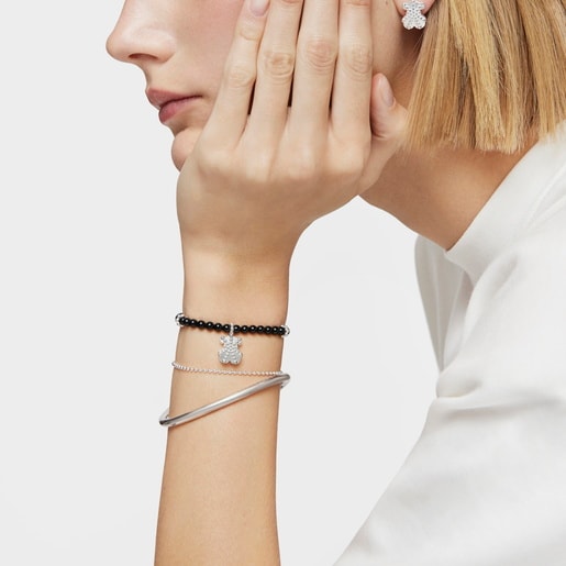 Silver elastic Bracelet with onyx and bear charm TOUS Grain