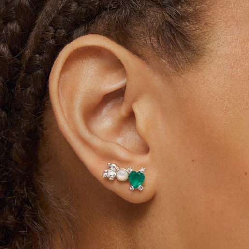 Climber earrings with silver bear, mother of pearl and chalcedony Color Pills