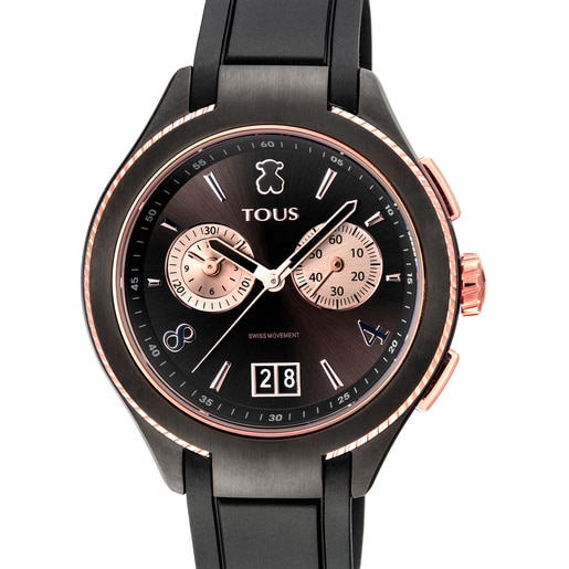 Reloj analógico ST bicolor de acero IP negro/IP rosado con correa de Caucho negra