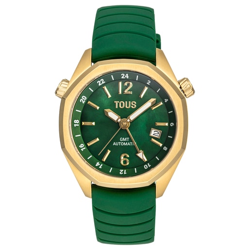 GMT-Automatik TOUS Now mit Armband aus grünem Silikon, Gehäuse aus goldfarbenem IPG-Stahl und Zifferblatt aus Perlmutt
