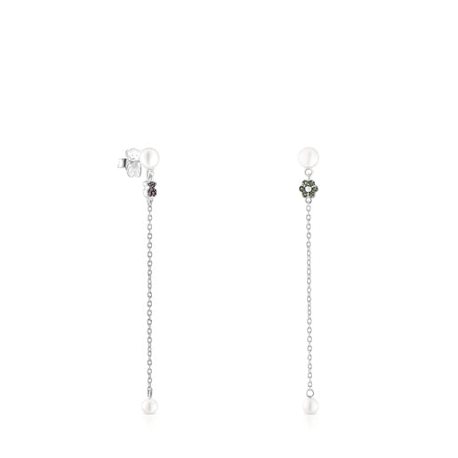 Silver TOUS New Motif Long Earrings with chrome diopside, amethyst and pearls