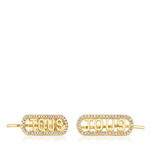 Aretes trepadores con baño de oro 18 kt sobre plata y diamantes Logo