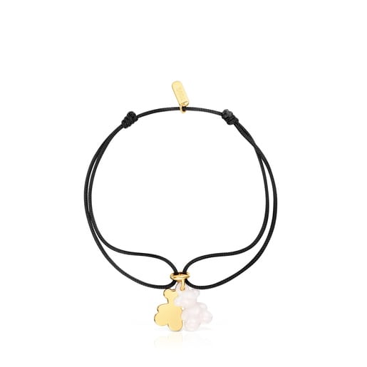 Pulsera doble oso con baño de oro 18 kt sobre plata, cerámica blanca y nylon negro Bold Bear