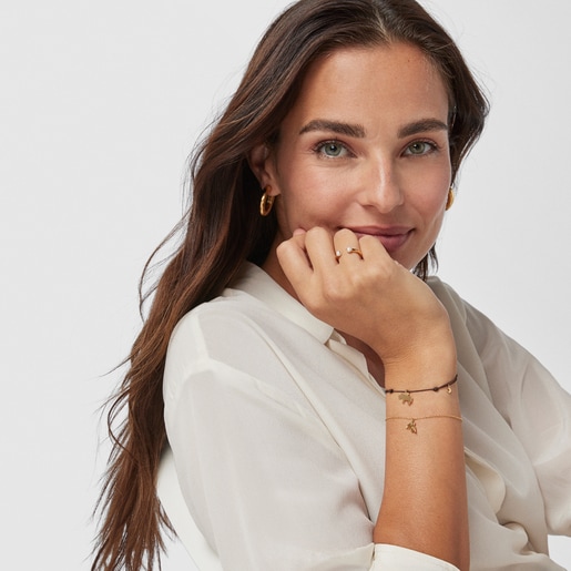 Pulsera Save rinoceronte con baño de oro 18 kt sobre plata y Cordón marrón