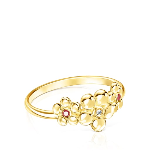 Gold Fragile Nature Ring with Diamond and Rubies