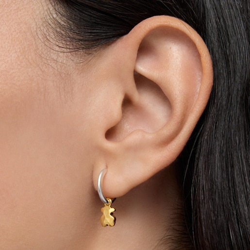 Aretes de aro motivo oso bicolor Icon Metal