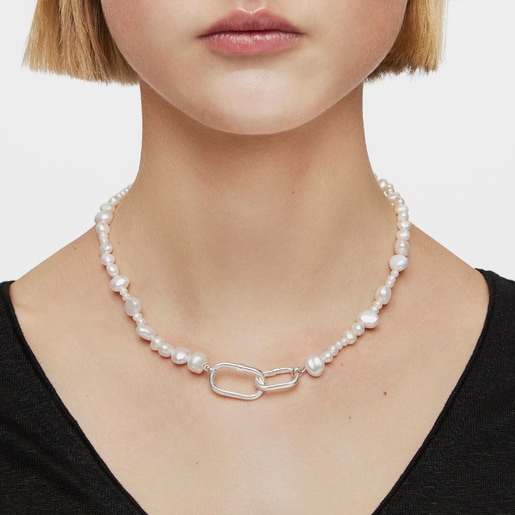 Choker with cultured pearls and silver ring Hold Oval