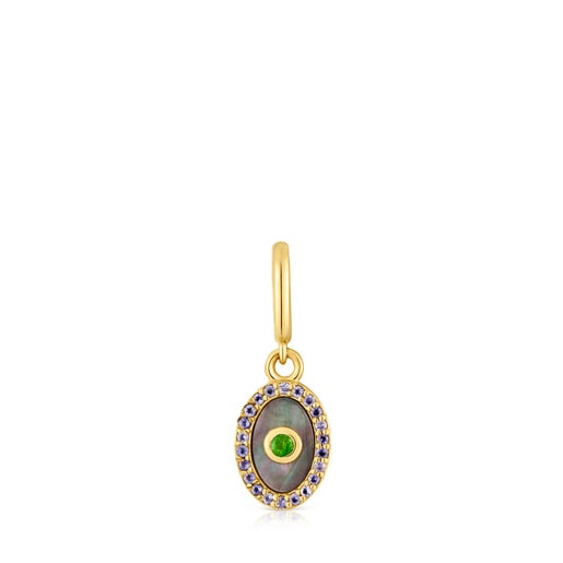 Medallion Pendant with 18kt gold plating over silver, nacre, chrome diopside and iolite Medallions