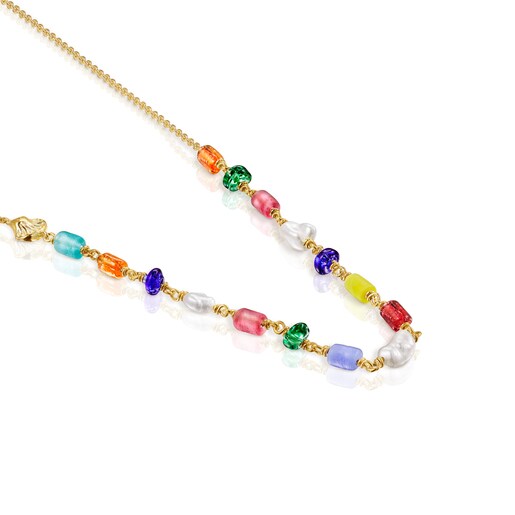 Collar con baño de oro 18 kt sobre plata, perlas y glass multicolor Oceaan