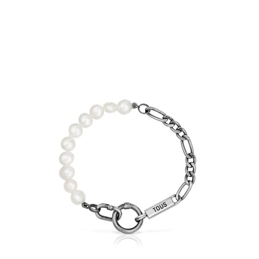 Silver curb chain Bracelet with cultured pearls Hold Man