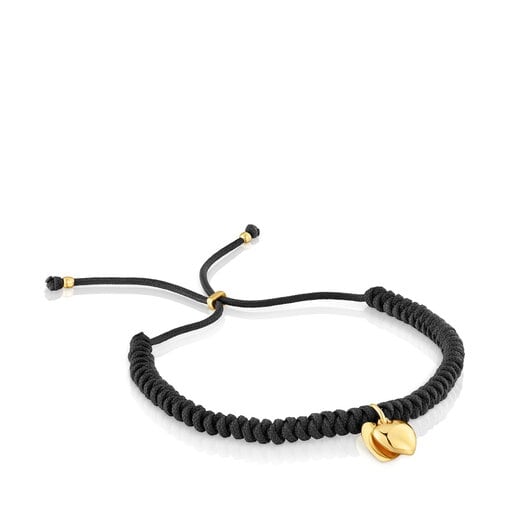 Pulsera de oro 14 kt doble corazón y nylon negro TOUS Flechazo