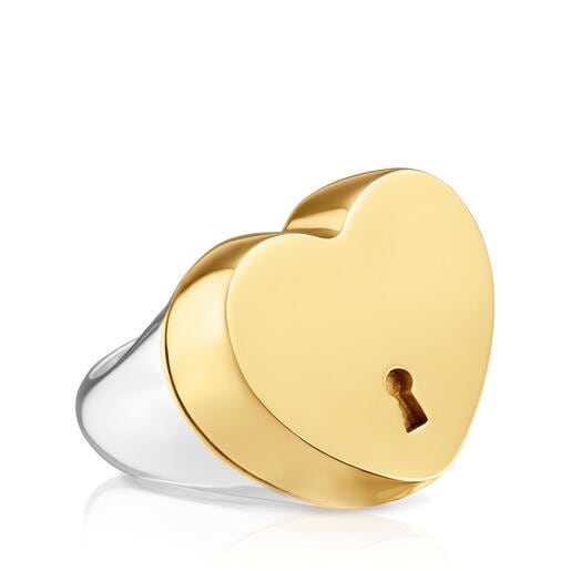 خاتم منقوش بدَرجتَي لون مُرصّع بحلية على شكل قلب من تشكيلة TOUS Unlock