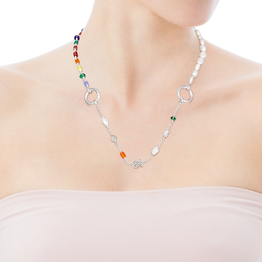 Long silver Oceaan Hold Necklace with pearls and multicolored glass | TOUS