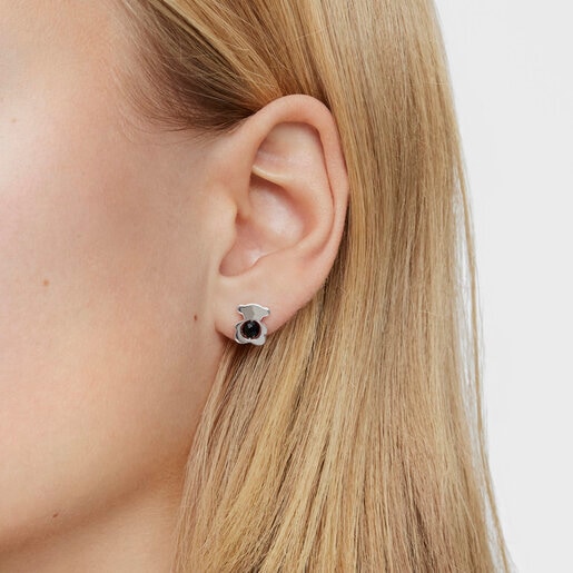 Small silver and onyx 10 mm bear Earrings I-Bear