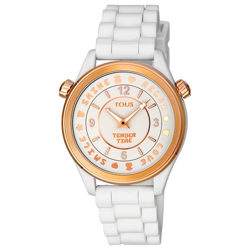 Reloj Tender Time de acero IP rosado con correa de silicona blanca